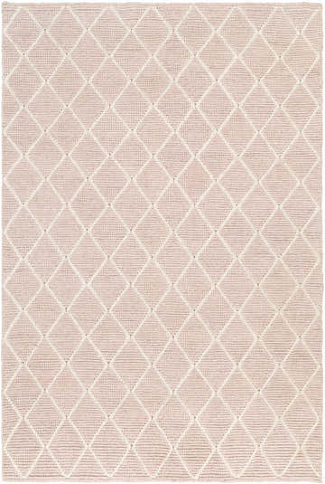 Close-up of the Riceville Pink Trellis Rug. Cream trellis pattern on pale pink wool and viscose. Hand woven texture. Design-Rectangle-576