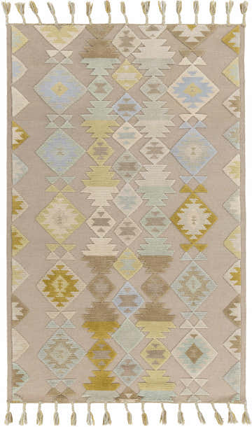 Hand woven Rippon Area Carpet in beige, gray, oatmeal, blue, and tan with a geometric diamond pattern and tassels. Design-Rectangle-576