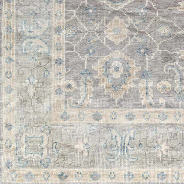 Close-up of the hand-knotted Armin Area Rug. Gray, ivory, and seafoam wool rug with a traditional farmhouse pattern. Swatch