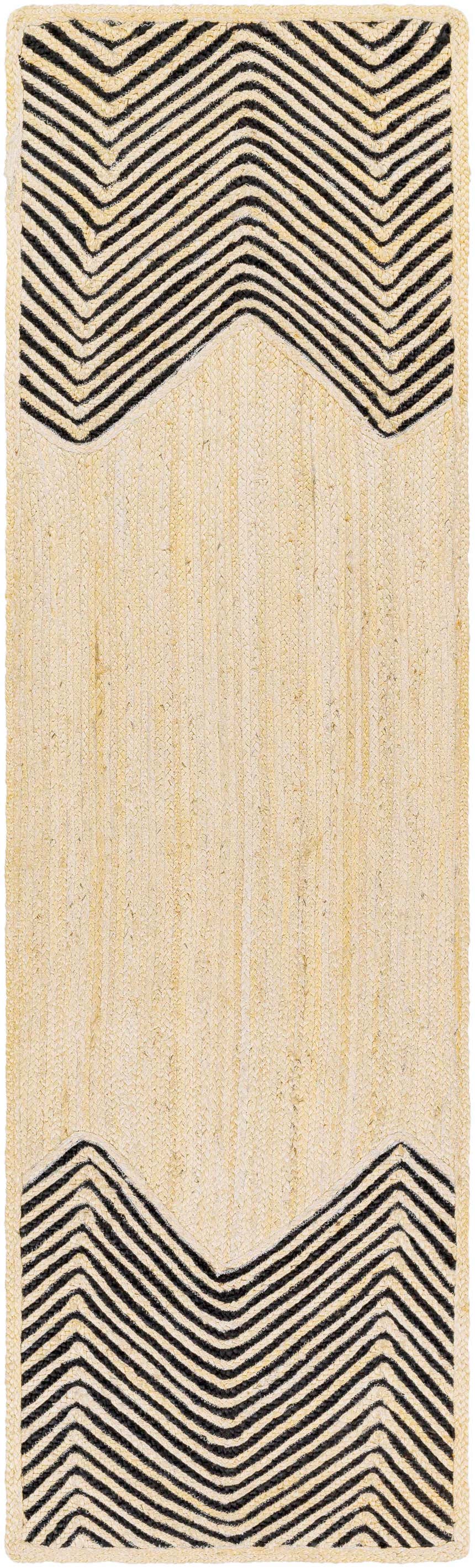 Close-up of the Light Beige Ringtead Jute Braided Carpet featuring a black geometric chevron pattern and braided texture. Design-Runner-268
