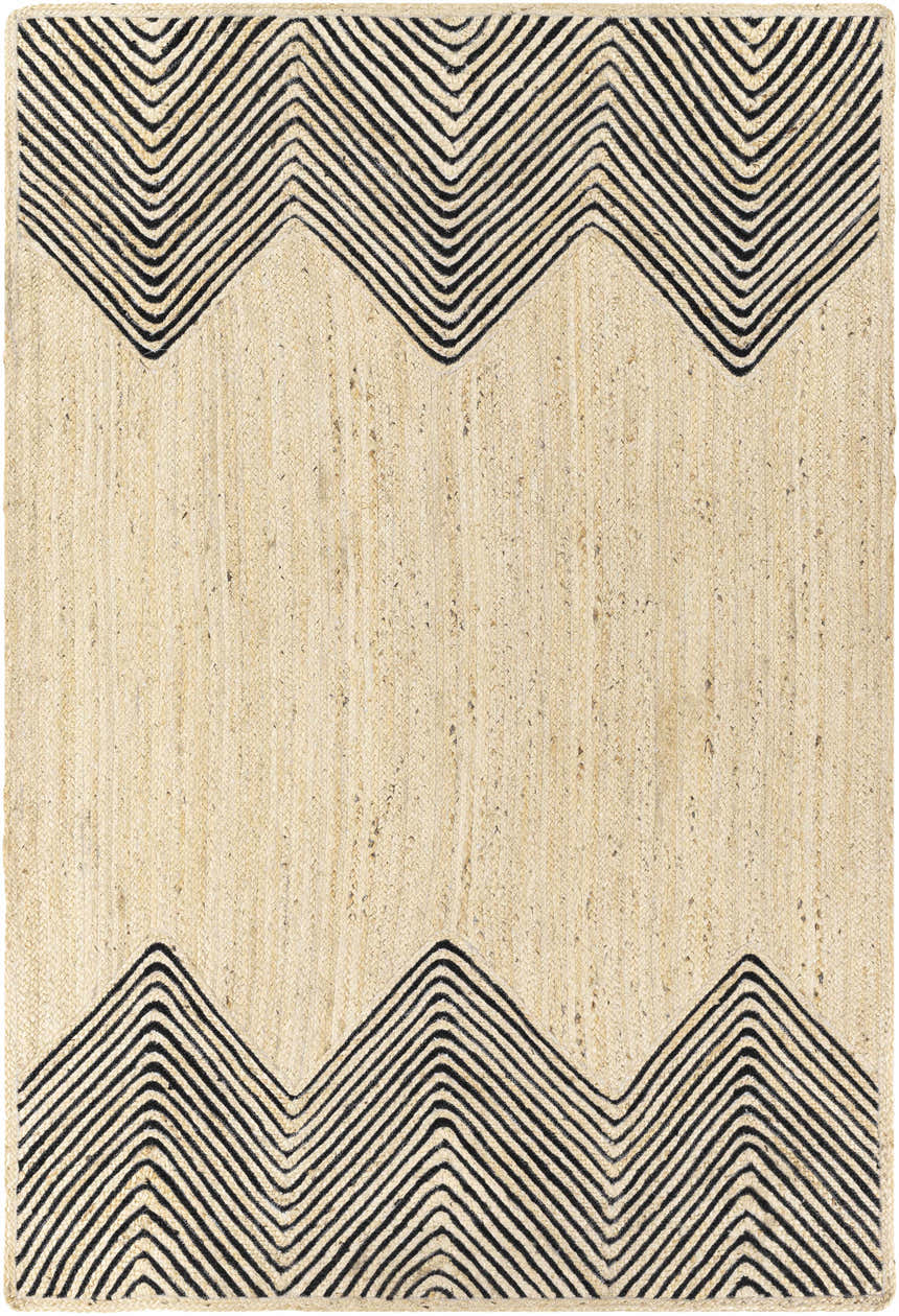 Close-up of the Light Beige Ringtead Jute Braided Carpet, featuring a black geometric chevron pattern on natural jute. Design-Rectangle-576