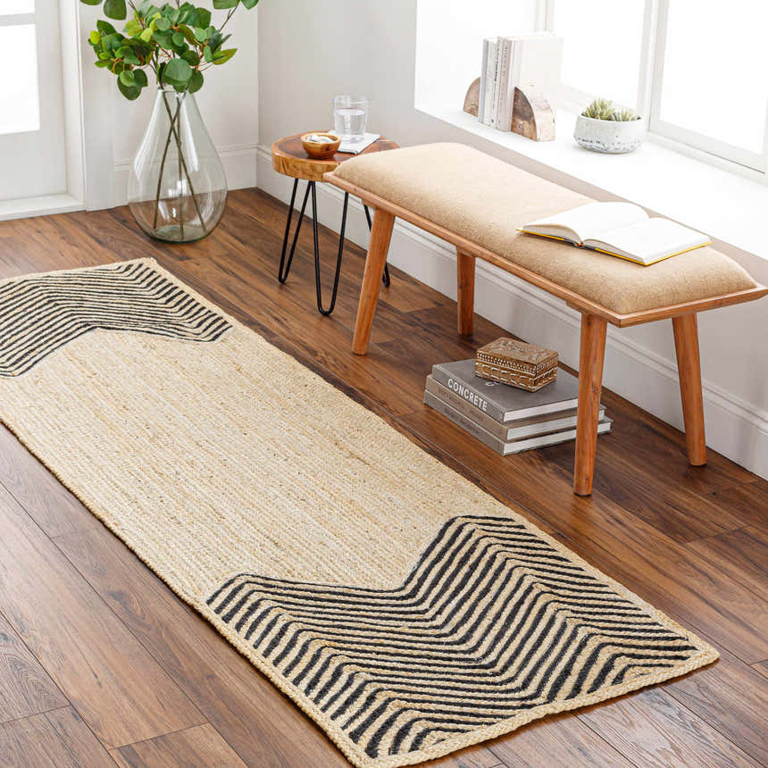 Hallway scene with a Light Beige Ringtead Jute Braided Carpet runner featuring a bold black geometric design. Farmhouse style. Roomscene-Runner