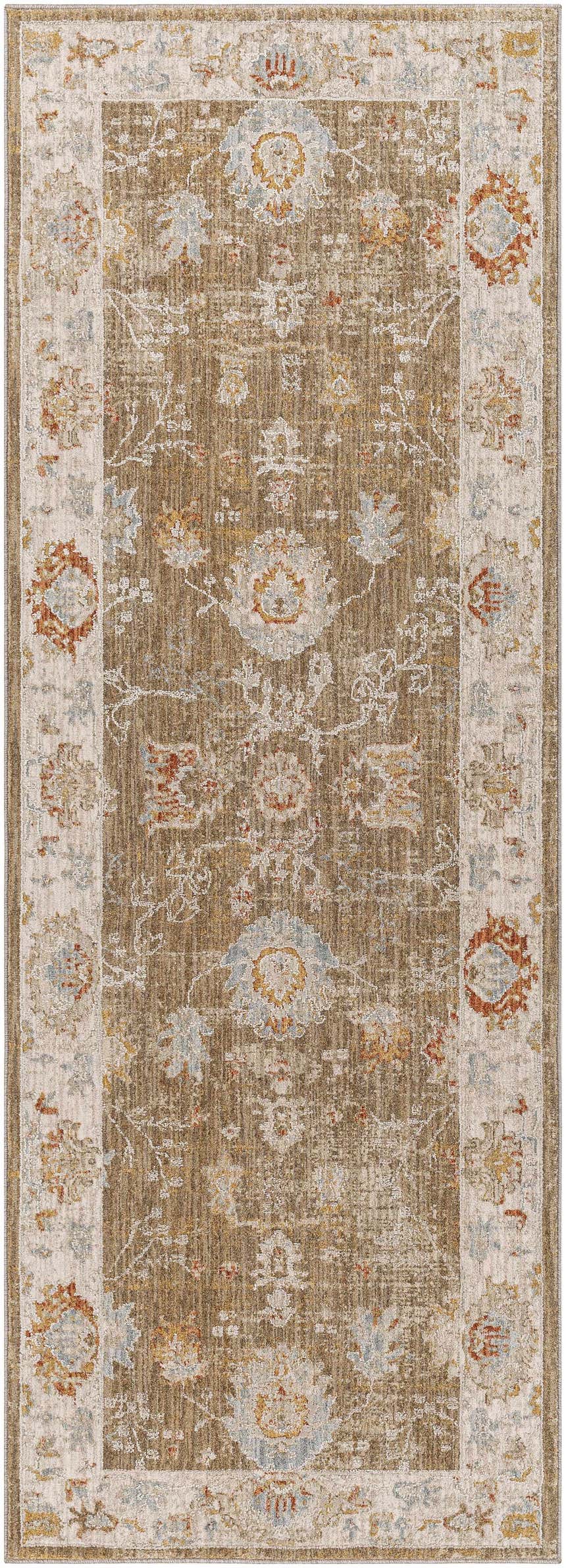 Close-up of the Rangeville Thick Luxe Statement Rug. Brown, orange, cream, and blue floral pattern. Traditional style. Design-Runner-2773