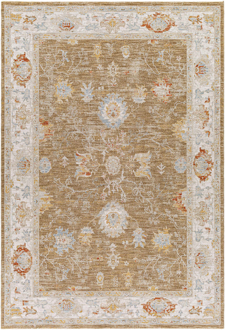 Close-up of the Rangeville Thick Luxe Statement Rug. Brown, orange, cream, and blue floral pattern. Traditional style. Design-Rectangle-6796