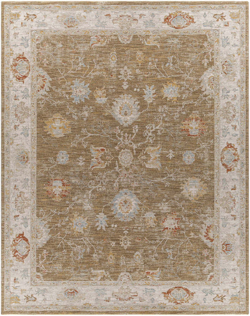 Close-up of the Rangeville Thick Luxe Statement Rug, featuring brown, orange, and blue floral oriental design. Design-Rectangle-710103