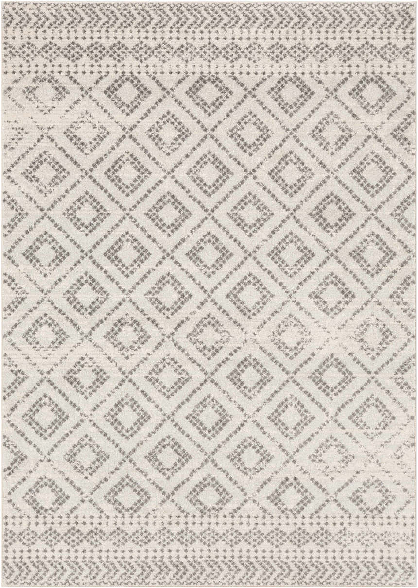 Close-up of the Romeoville Area Rug: a machine-woven rug with gray diamond and geometric patterns on a white background. Design-Rectangle-5373