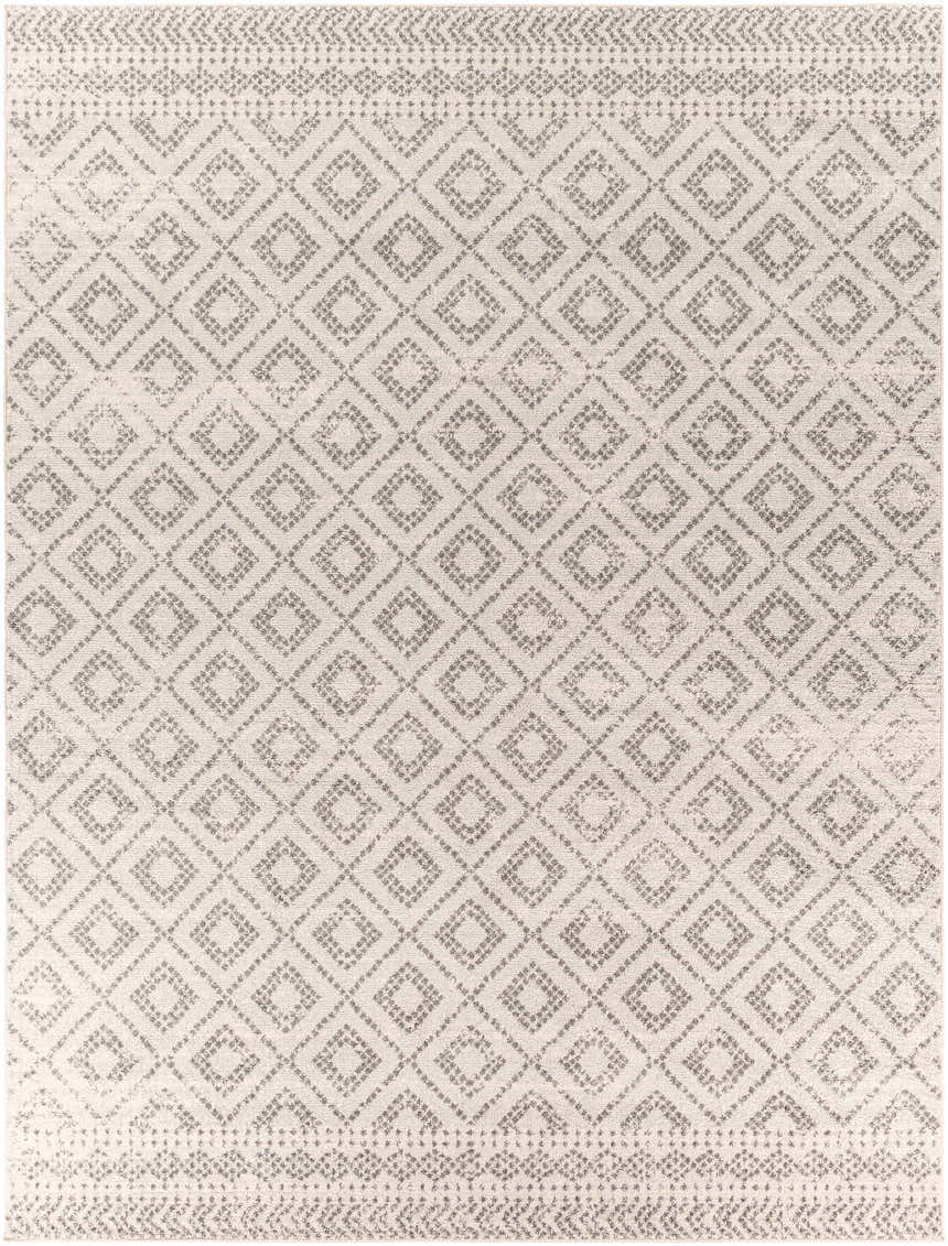 Close-up of the Romeoville Area Rug. Bohemian style rug with a diamond pattern in charcoal gray and white. Design-Rectangle-710103