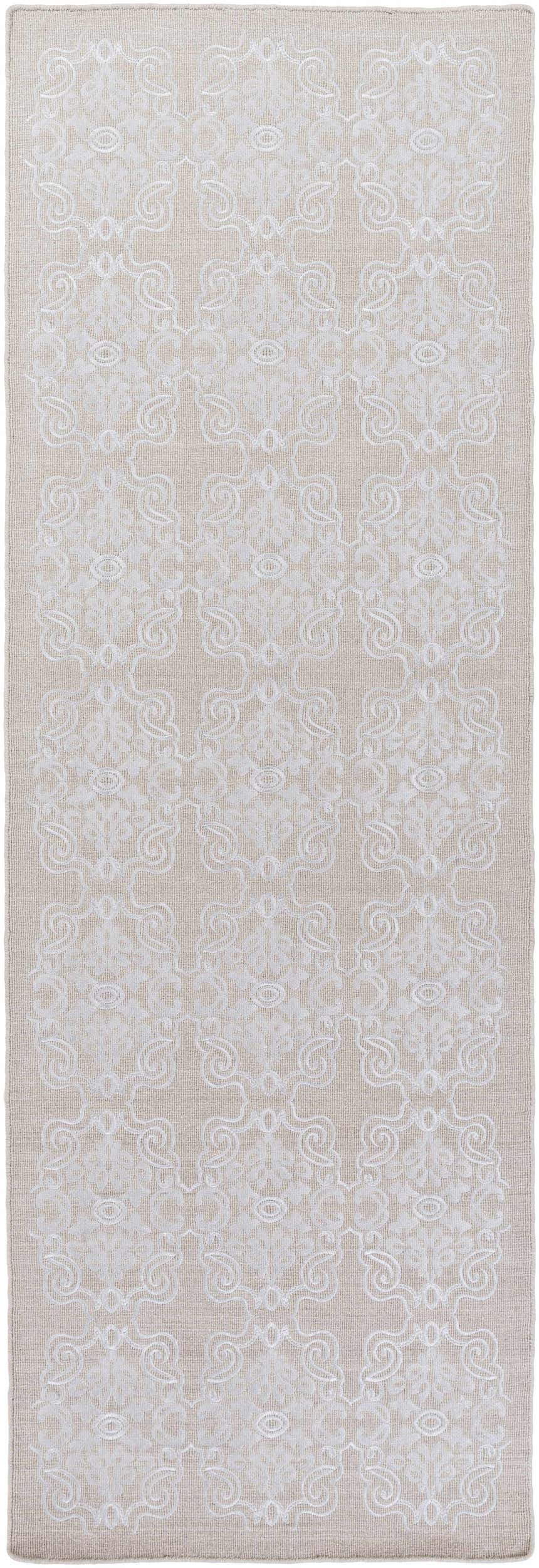 Close-up of the Ronceverte Area Rug, showcasing a cream wool texture and intricate white floral damask pattern. Design-Runner-288