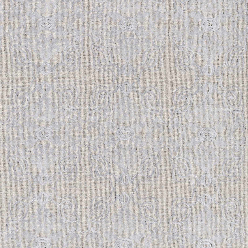 Close-up of Ronceverte Area Rug. Hand-woven wool rug with a subtle light gray floral pattern on a neutral background. Swatch