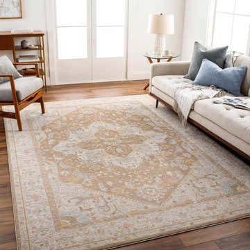 Living room with beige sofa and Roni Traditional Thick Luxe Turkish Rug in amber and brown tones. Roomscene-Rectangle