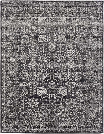 Close-up of the Roseland Area Rug. Machine-woven polypropylene rug in black, charcoal, light beige, and medium gray with a vintage, traditional pattern. Design-Rectangle-710103