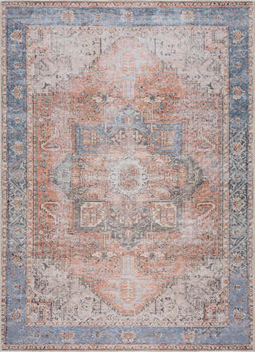 Close-up of the Rosman Distressed Washable Area Rug. Traditional oriental design in beige, brick red, blue, and gray hues. Design-Rectangle