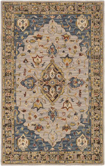 Detailed floral pattern of the hand-tufted Rozel Area Rug in brown, blue, and beige wool. Design-Rectangle-576