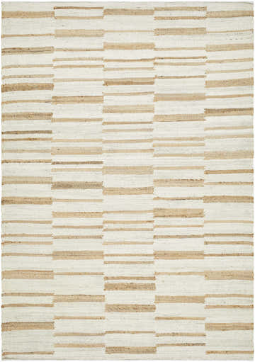 Close-up of the Rimbo Area Rug. Cream and tan jute rug with a hand woven, horizontal stripe pattern. Design-Rectangle-576