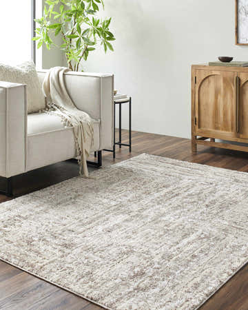 Living room scene with a Roald Cream Area Rug, light sofa, wood cabinet, and dark wood floors. Roomscene-Rectangle