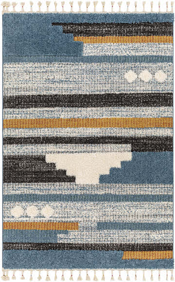 Close-up of Rosslare Area Rug. Polypropylene rug with blue, black, camel, and off-white geometric pattern and tassels. Design-Rectangle-537