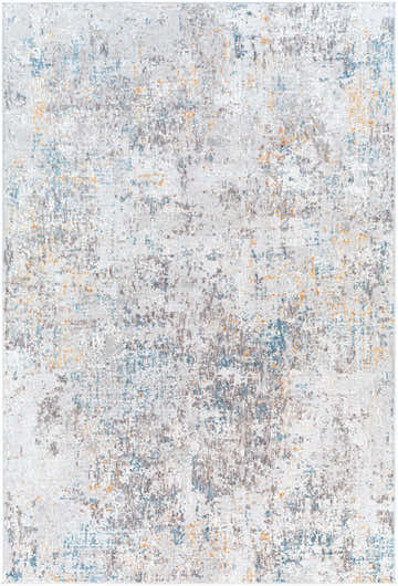 Close-up of Rufe Area Rug: a contemporary, machine-woven rug with blue, brick red, brown, and mustard abstract pattern. Design-Rectangle-573