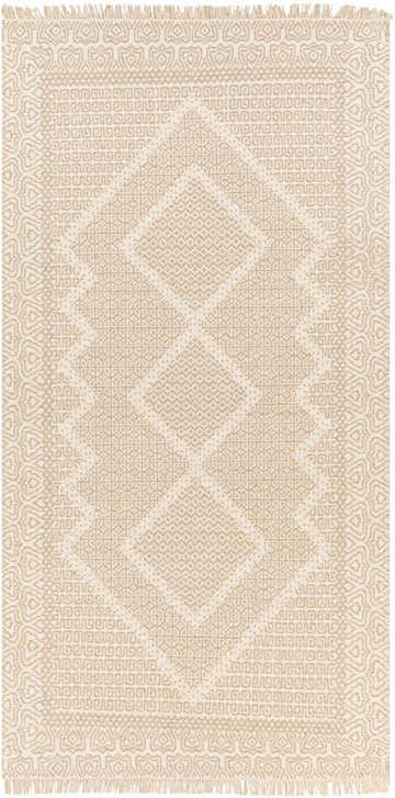Close-up of the Rumi Area Rug. Beige and bone wool rug with geometric diamond pattern and fringe. Farmhouse style. Design-Rectangle-576