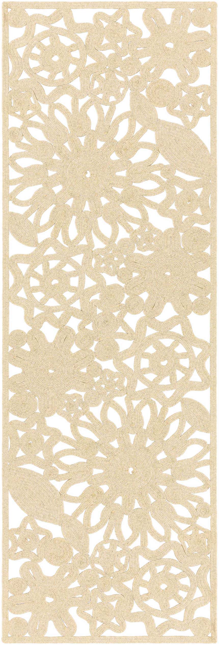 Close-up of the beige Ruxton Area Carpet, a hand-woven runner with a floral pattern. Contemporary farmhouse style. Design-Runner-268