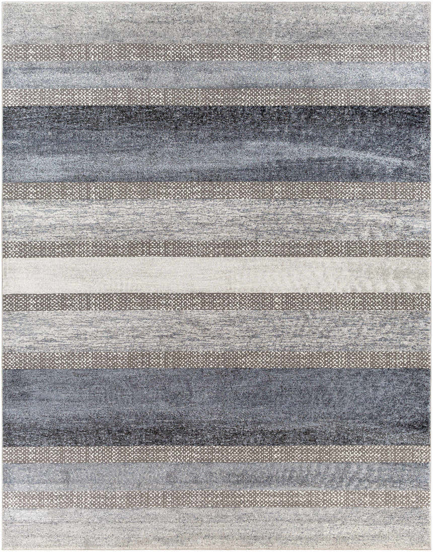 Close-up of the Ravendale Area Rug showing a striped pattern in cream, gray, and slate hues. Design-Rectangle-710103