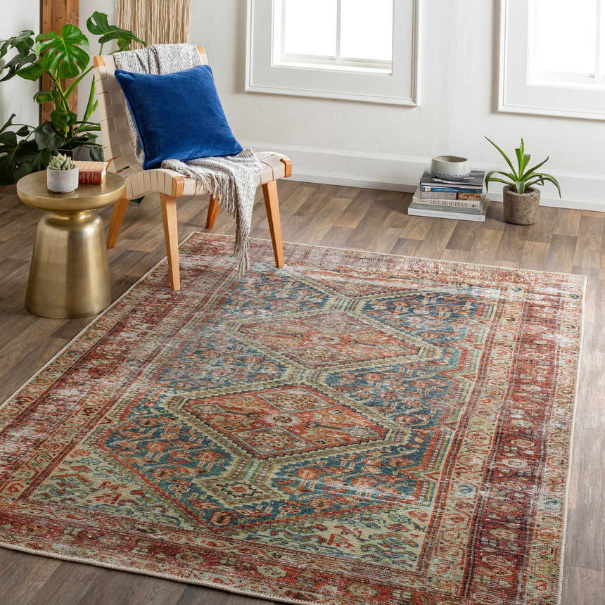 Living room scene with traditional Rio Washable Area Rug in red, blue, and beige. Farmhouse style with chair, plants, and wood floors. Roomscene-Rectangle
