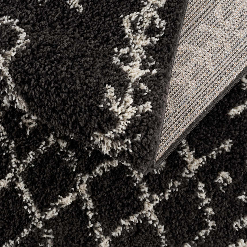 Close-up of the Thetford Black Berber Shag Rug showing the charcoal color, light beige pattern, and shag texture. Rug backing visible. Fold