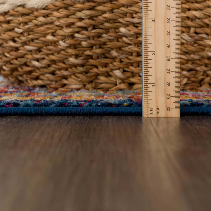Close-up of the Istanbul Medallion Blue & Orange Area Rug showing texture, pile height, and construction details. Pile