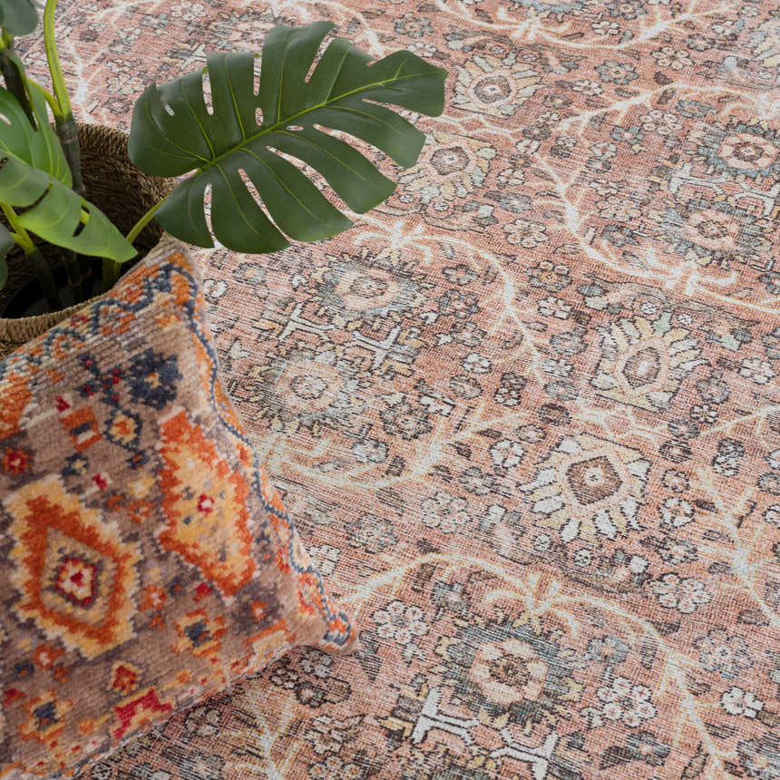 Close-up of the Bian Washable Area Rug. The rug has a vintage Persian design in peach, beige, and blue tones. Pile