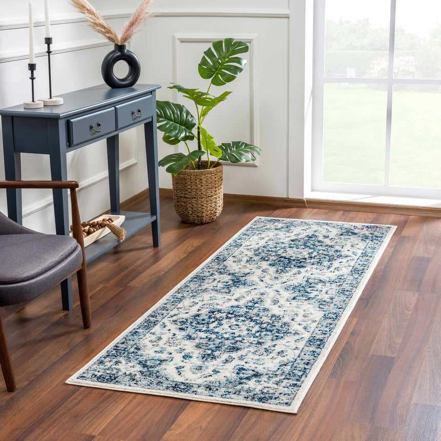 Entryway with blue console table and Istanbullu Blue Area Rug runner on hardwood floor. Roomscene-Runner