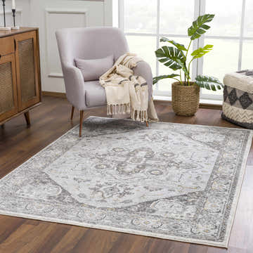 Living room scene with a light gray Liverpool Light Gray Area Rug, chair, and wood cabinet. Roomscene-Rectangle