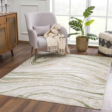 Living room scene with a Live Marble Green Area Rug, gray armchair, and natural light. Roomscene-Rectangle