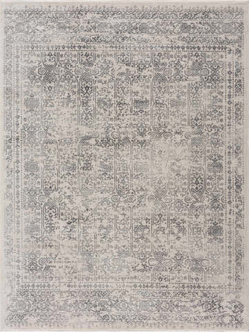 Close-up of Michie Area Rug. Cream rug with gray traditional, farmhouse-style pattern. Machine woven polypropylene rug. Design-Rectangle
