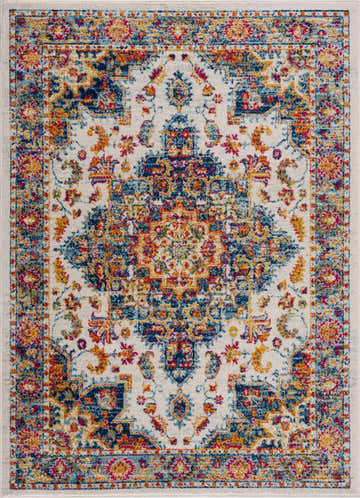 Close-up of the Istanbullu Blue & Orange Area Rug. Features a traditional Persian-style design with navy, ivory, and orange hues. Design-Rectangle