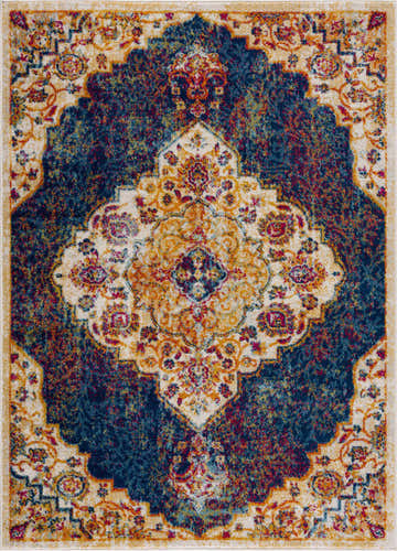 Close-up of the Istanbul Navy Area Rug featuring a traditional ivory and navy floral medallion pattern. Design-Rectangle