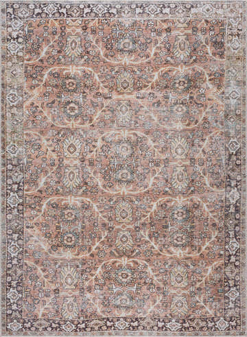 Close-up of Bian Washable Area Rug. Features a vintage Persian pattern in aqua, beige, brown, and rose cream hues. Design-Rectangle-58