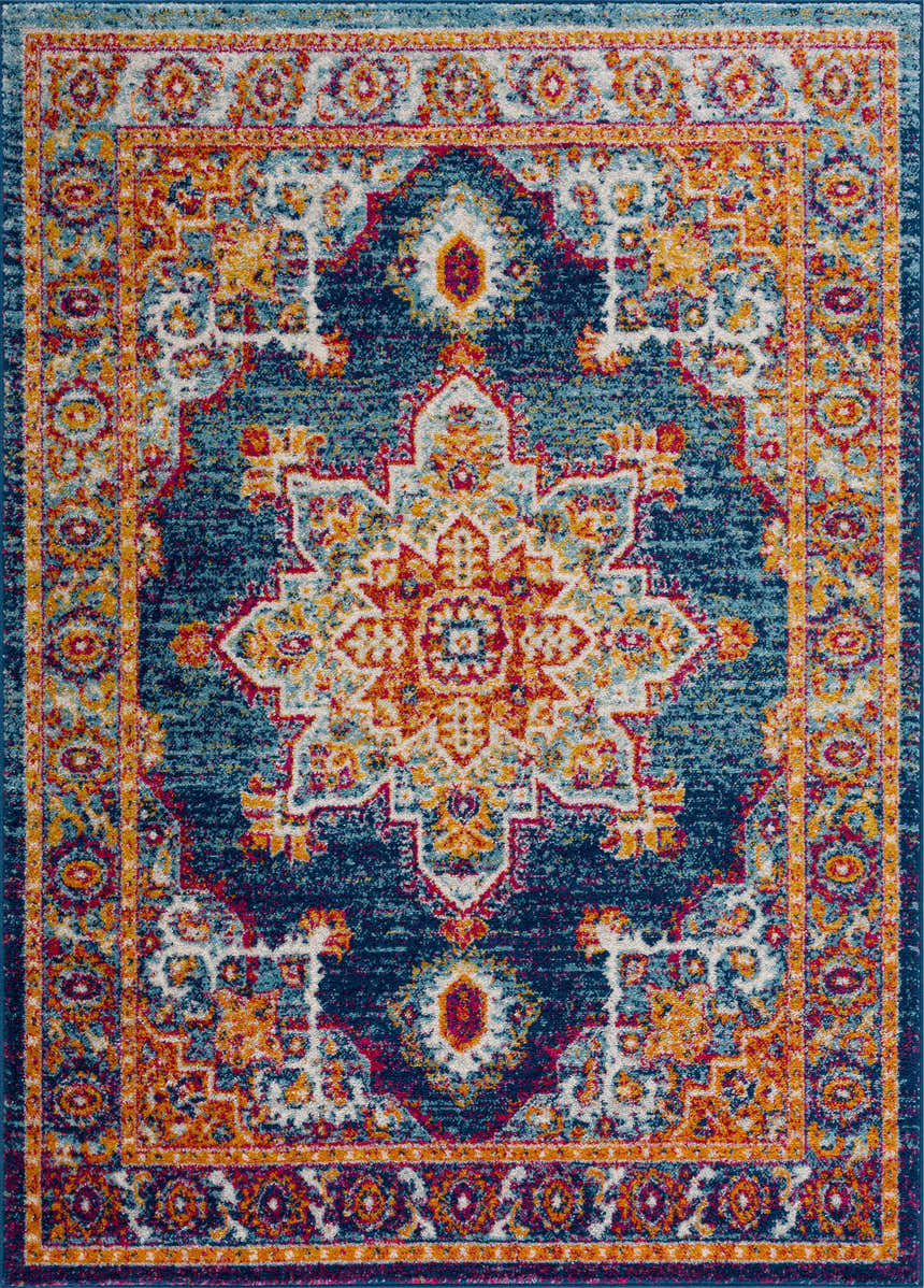 Close-up of the Istanbul Medallion Blue & Orange Area Rug, featuring a traditional medallion pattern and vibrant colors. Design-Rectangle-46