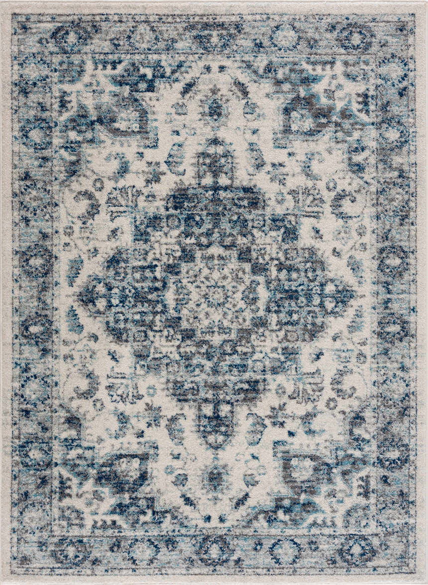 Close-up of the Istanbullu Blue Area Rug, featuring a traditional ivory, silver gray, and blue pattern. Design-Rectangle-57