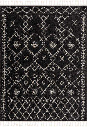 Close-up of Thetford Black Berber Shag Rug, featuring a charcoal base with light beige geometric patterns and fringe. Design-Rectangle-57