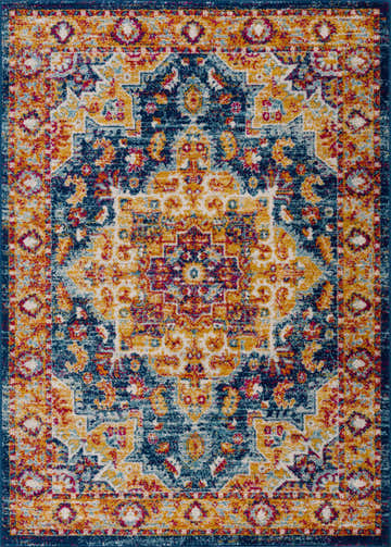 Close-up of the Istanbullu Orange Area Rug, featuring a traditional vintage design with gold, navy, and orange tones. Design-Rectangle