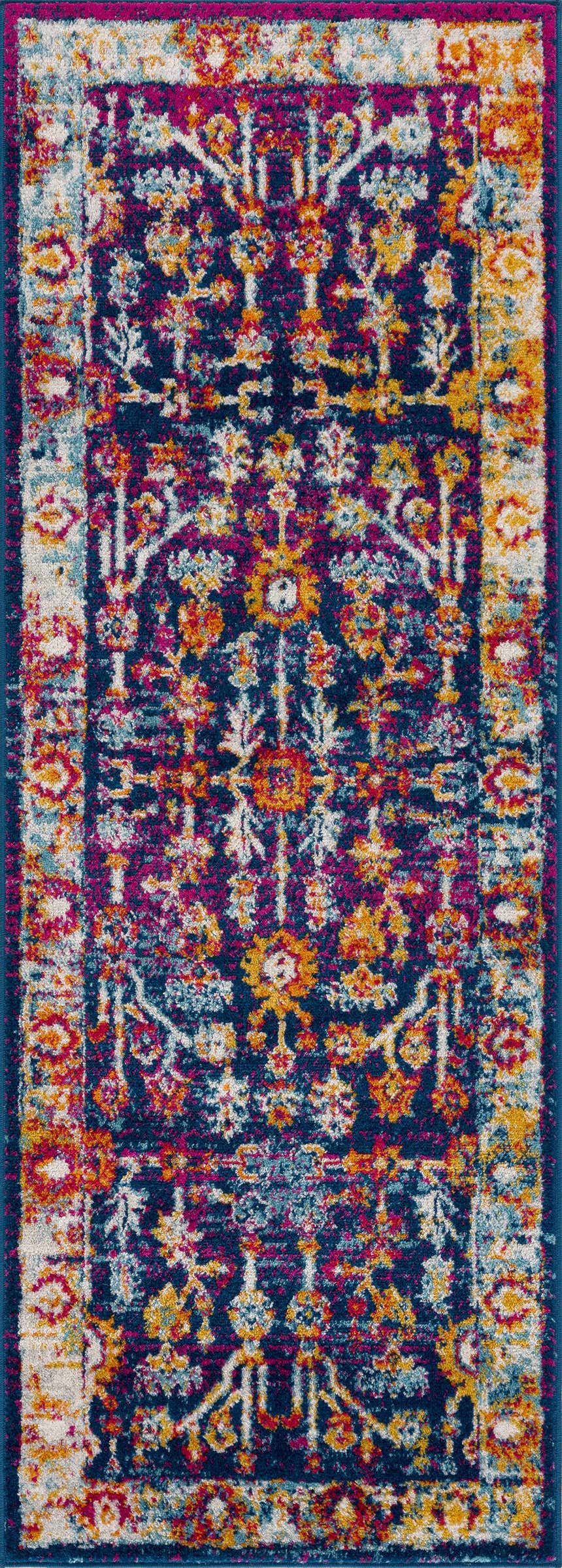 Close-up of the Istanbul Vintage Navy Area Rug with a traditional floral pattern in navy, ivory, gold, and pink. Design-Runner