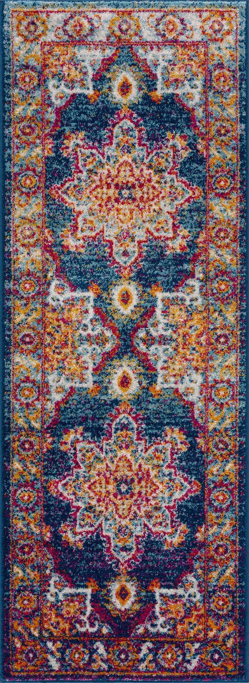 Close-up of the Istanbul Medallion Blue & Orange Area Rug featuring a traditional medallion pattern and vibrant colors. Design-Runner