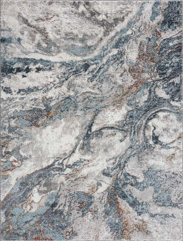 Close-up of the Lively Marble Blue Area Rug, showcasing its charcoal, light blue, and rust-colored marble-like pattern. Design-Rectangle-579