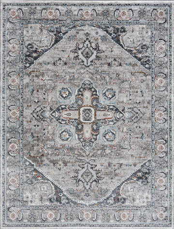 Close-up of the Liverpool Gray & Blue Area Rug, featuring a traditional, ornate pattern with charcoal, gray, and light blue accents. Design-Rectangle