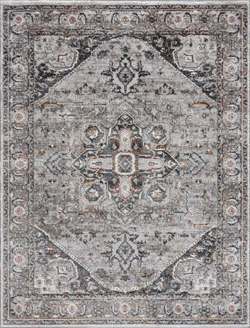 Close-up of the Liverpool Dark Gray Area Rug, showcasing its traditional design, charcoal gray, rust, and off-white colors. Design-Rectangle-57