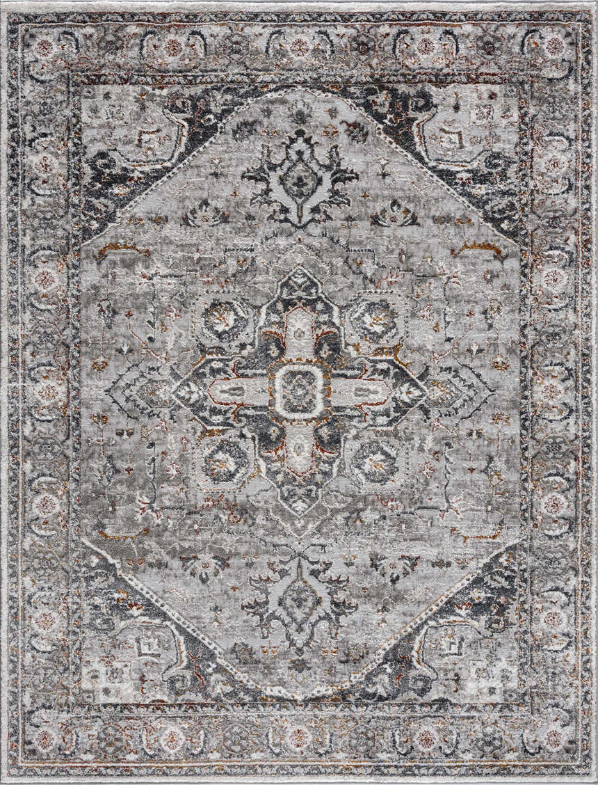 Close-up of the Liverpool Dark Gray Area Rug, showcasing its traditional design, charcoal gray, rust, and off-white colors. Design-Rectangle-57