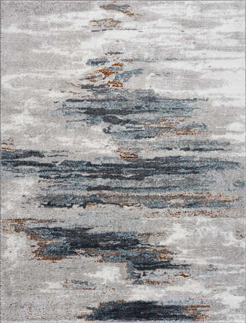 Close-up of the Liverpool Area Rug, a colorful contemporary rug with a horizontal abstract pattern in gray, blue, and rust. Design-Rectangle