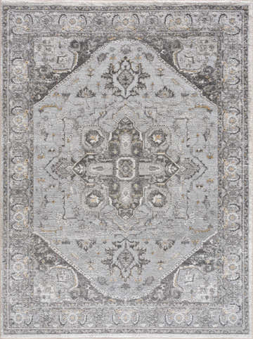 Close-up of the Liverpool Light Gray Area Rug, featuring a traditional, charcoal and light gray medallion pattern. Design-Rectangle