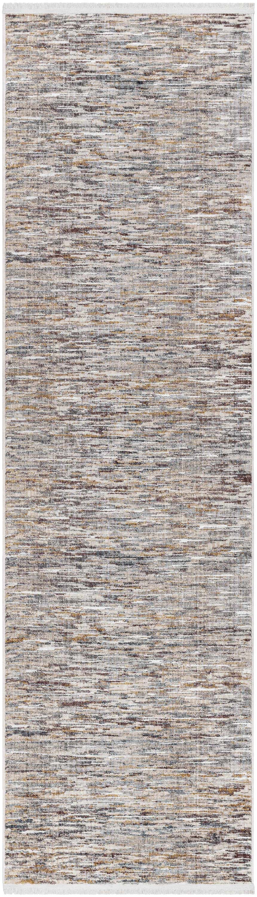 Close-up of the Apria Area Rug. Features a contemporary design in dark beige, brown, gray, and taupe hues. Design-Runner-279
