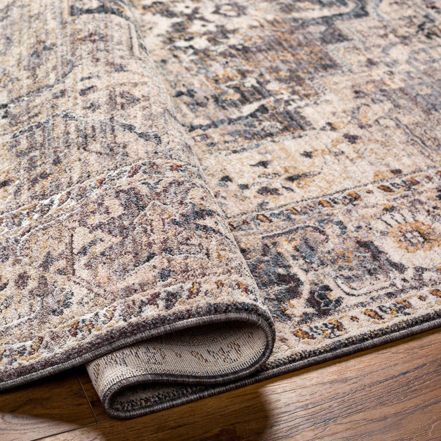 Close-up of the Rada Area Rug showing its beige, camel, and charcoal traditional pattern and soft texture. Fold