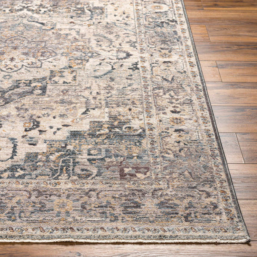 Close-up of the Rada Area Rug showing its beige, camel, and charcoal traditional pattern and soft texture on wood floors. Front